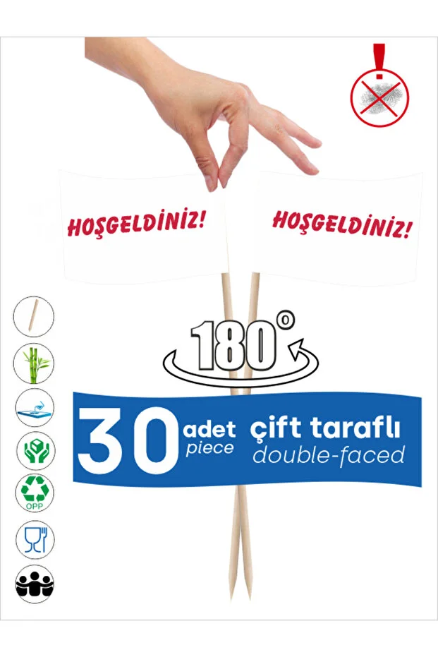 Hoşgeldiniz Yazılı Kürdanlar ile Açılış, Organizasyon Sunumlarınız için Bayrak Kürdan 10cm 30 adet